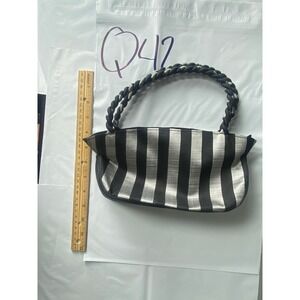 Striped Handbag Black Silver Braided Handle Evening Bag Small‎ Purse